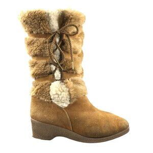 Snowland Women's Size 9 VTG Tan Brown Wedge Heel Lace-Up Knee High Boots FAIR